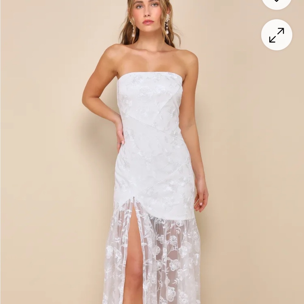 White Floral Lace Strapless Dress